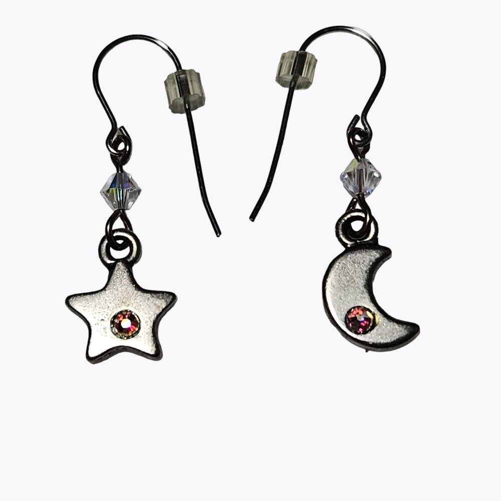 Retro Moon and Star Drop Earrings Silver Tone Pink Stone Dangle Fashion Jewelry
